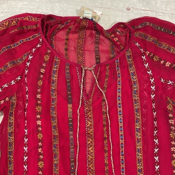 NWT Sundance Red Embroidered Tassel Tie Peasant Blouse Petite - Picture 5 of 11